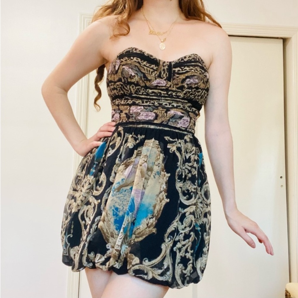 Bebe Y2K Black Strapless Silk Baroque Print Bubble Hem Mini Dress SZ XXS